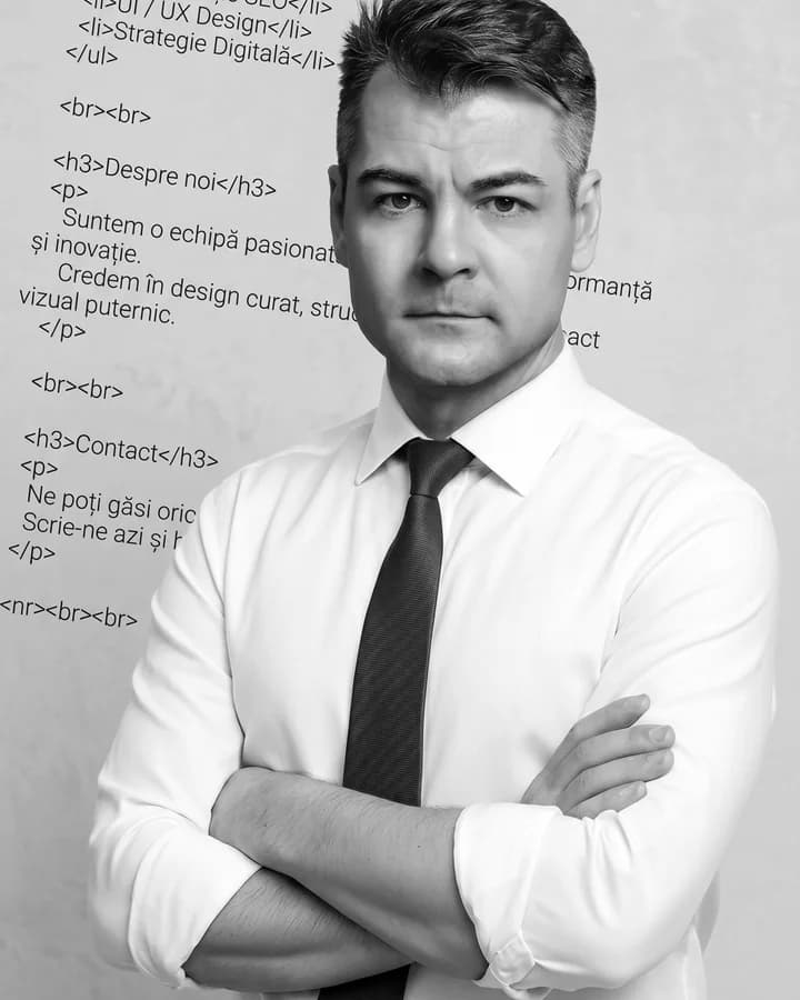 Sarghy, founder of Sarghy Design Solutions SRL — black and white professional portrait.